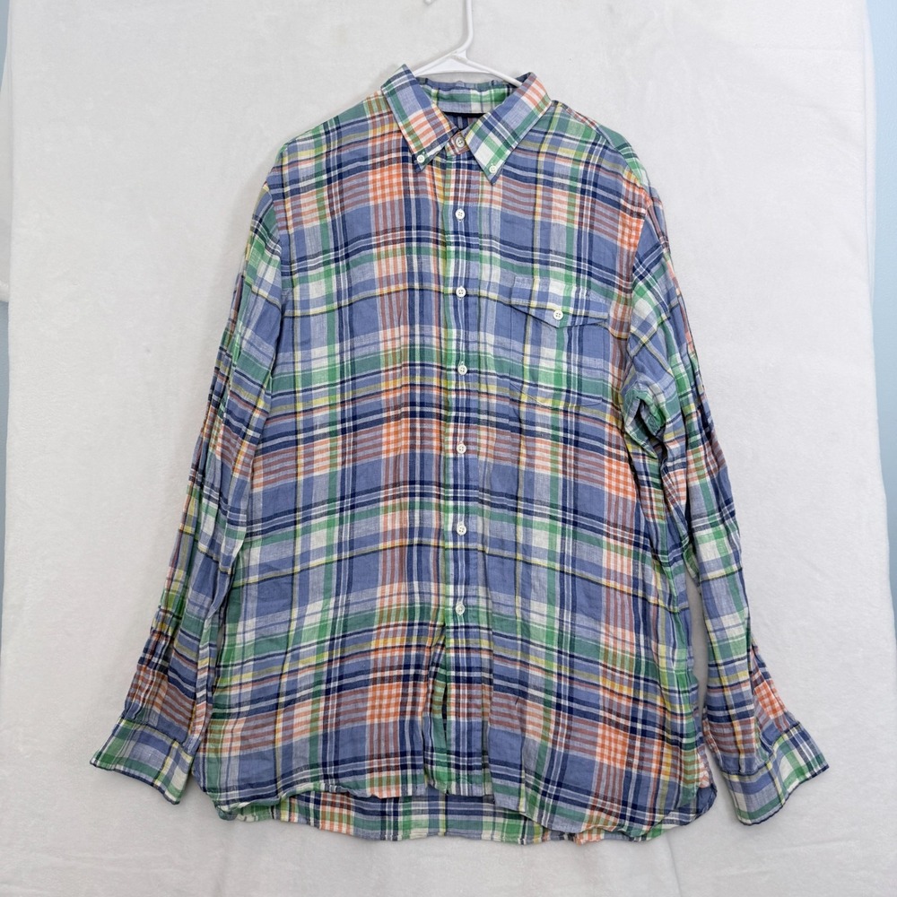 Ralph Lauren Shirt Mens L Blue Plaid Linen Flap Pocket Button Down